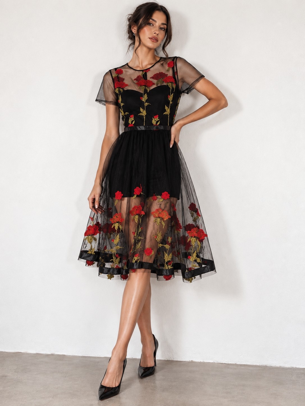 L’ATISTE Black Red Rose Embroidered Sheer Mesh Midi Dress Size L